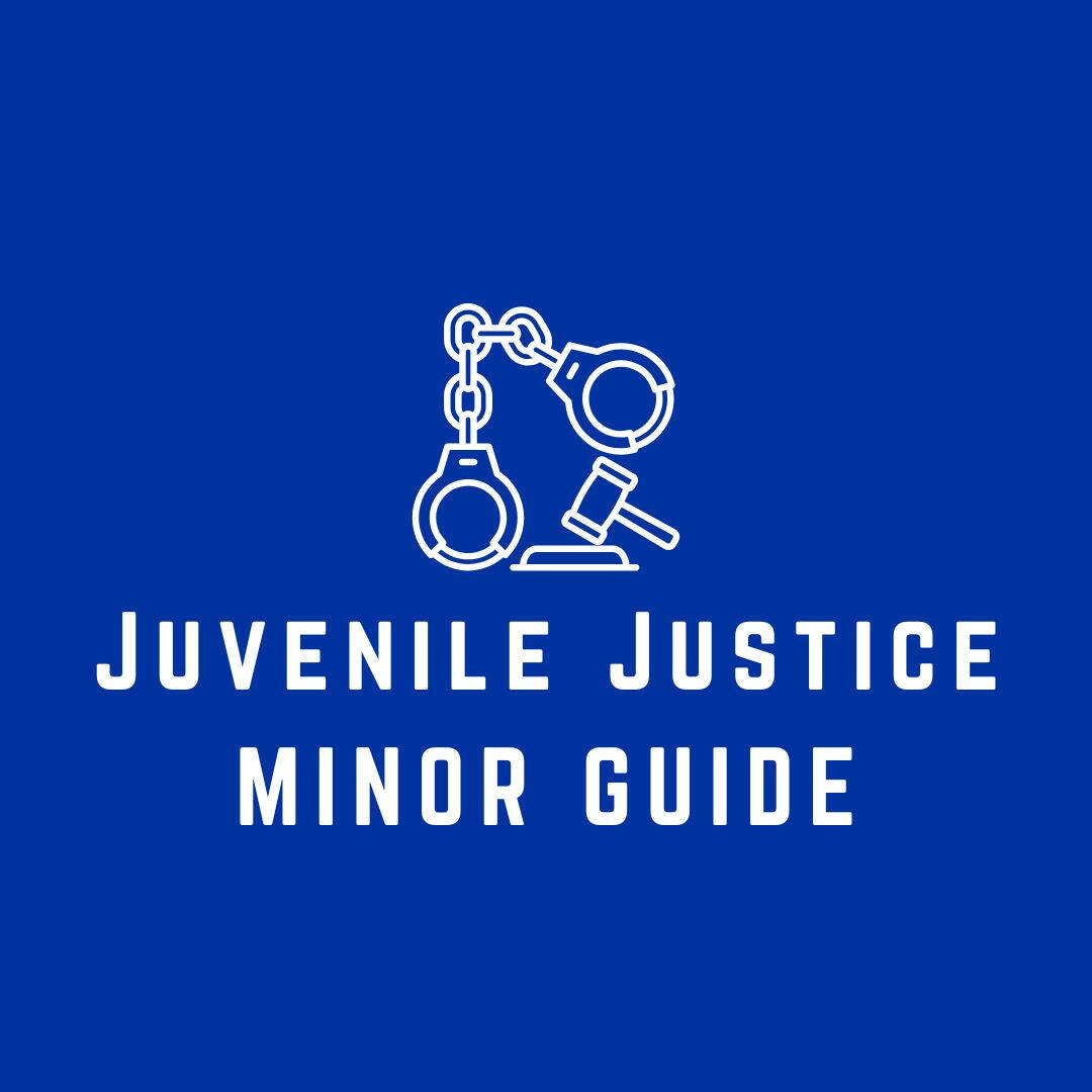 blue logo for criminal justice major, image is a drawing of handcuffs and a gavel above text that reads "juvenile justice minor guide"